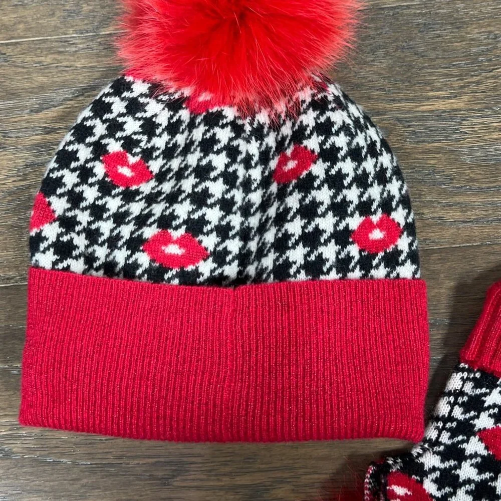 MITCHIE'S MATCHINGS Knit Hat & Fingerless Mitten Set in Red Lips Houndstooth NWT